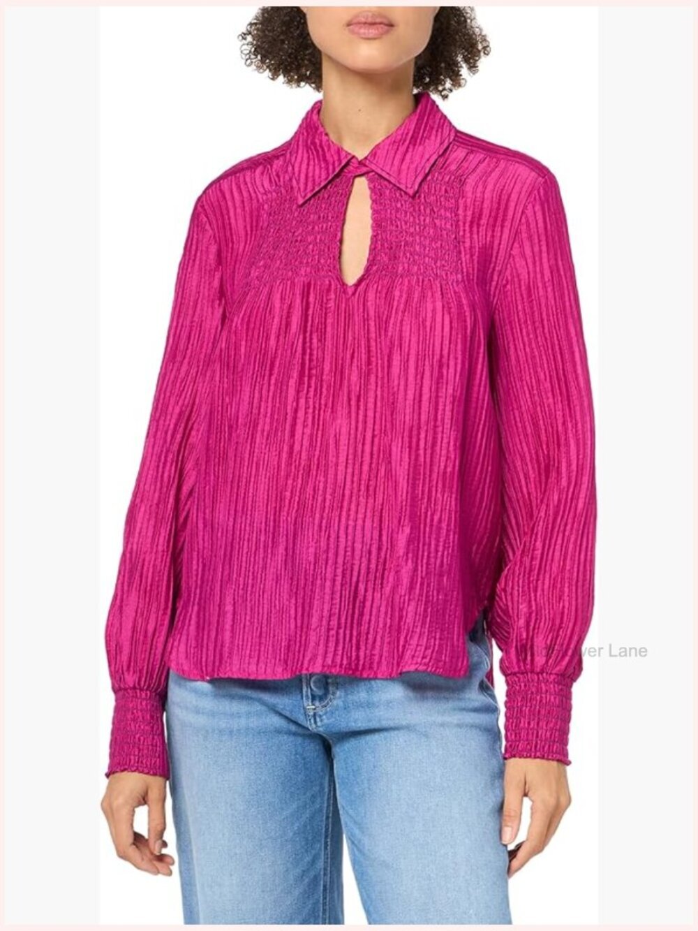 Textured Rayon Blouse with Smocked Mock Neck